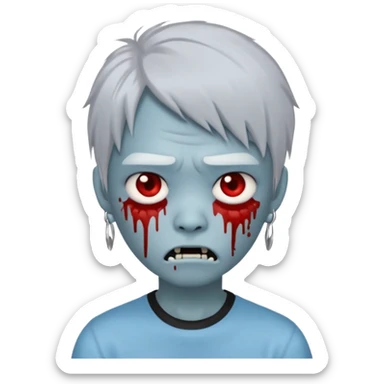 emoji-style avatar with very pale blue-grey zombie skin like , a young Asian face, and large eyes with blood tears. Give it white mullet-style hair, silver hoop earrings, and a simple black T-shirt. The expression should be neutral or slightly angry sticker