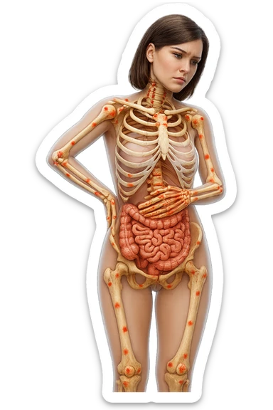 donna realistica a figura intera con red spot sparsi alle ossa, ossa del corpo visibili sul corpo, non sul volto iperrealistico 4k sticker