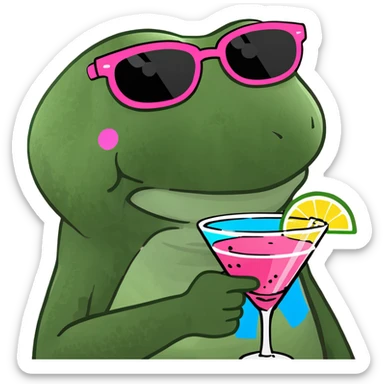 bufo frog with oversized pink sunglasses holding a rainbow cocktail smiling sticker