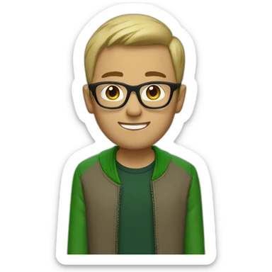 guy with black glasses dirtyblonde short hair with green letterman jacket and brown sleeves sticker