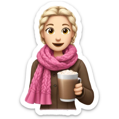 White Scandinavian girl with a French braid and a pink scarf holdin a hot chocolate  sticker