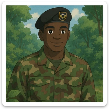 militar con uniforme pixelado boscoso, boina negra con emblema paracaidista, piel morena sticker