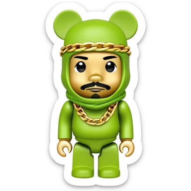 bearbrick toy with cubic head wearing a lime green balaclava covered in multiple brand logos graffiti style, with thick gold chains around neck, gold jewelry, aggressive eyebrows sticker