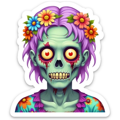 Cinematic ultra detailed 32k HD Psychedelic colored hippie style zombie with flowers sticker