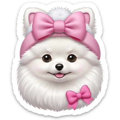 White Pomeranian with a pink bow and a hellokitty hat sticker