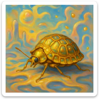 Golden Tortoise Beetle with a tortoise shell-like carapace, dreamlike surrealist style sticker