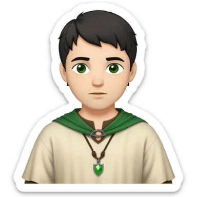 medieval outfit worn by a DnD themed fantasy character. basic short-sleeved wool tunic with a long-sleeved undershirt and a simple leather cord necklace. clothes only above the waist. The clothes full waist. The character's haven't arms. character is messy black hair green eyes short hair light-skinned man. sticker