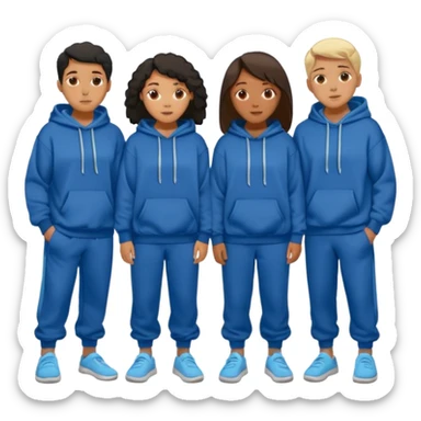 four mixed race friends all wearing oversized hoodies, sweatpants, and slides huddled together in a circle  sticker