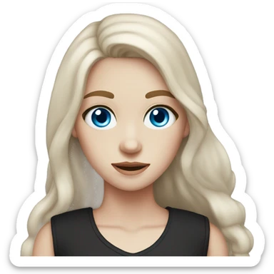 a pale girl with long brown hair, blue eyes  with freckles wearing a black vest  sticker