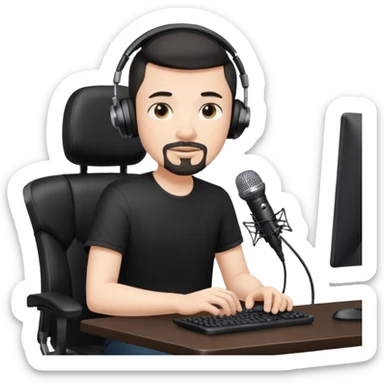 a setup of a youtuber, white skin, thin goatee, black short hair, with a desktop pc on a table, a gaming chair, microphone, white ring light sticker