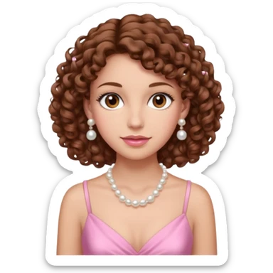 A woman with a brown curly hair and beautiful brown eyes and white skin and pink dress with pearl jewelry sticker