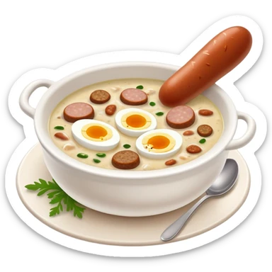 cinematic-realistic zurek-soup-dish-emoji,-depicted-as-a-tangy,-creamy-rye-soup-with-sausage-and-1 boiled egg-rendered-with-detailed-textures-and-warm,-comforting-lighting. sticker