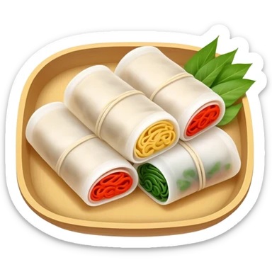 Hangzhou Pian Er Chuan thin rice noodle rolls with fillings, simplified emoji style with bold outlines and bright colors, cartoon style Zhejiang specialty resembling Cheung Fun sticker