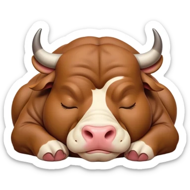 meme-worthy-cute-sleeping-domestic-bull-portrait-emoji,-head-resting-peacefully-with-a-contented-smile,-showcasing-a-robust,-muscular-build-and-a-luxuriously-soft-coat,-eyes-gently-closed-in-serene,-restful-slumber,-simplified,-solid-brown sticker