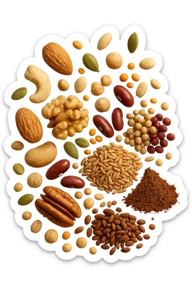 semi, frutta secca, legumi, cereali integrali, cacao amaro fluttuano in aria , iperrealistici 4k sticker