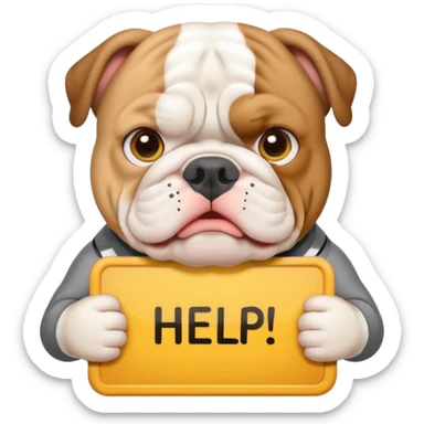 English bulldog holding a 'need help' sign, emoji style sticker