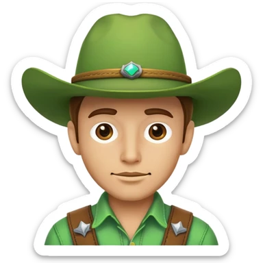 Cowboy face with a bright green cowboy hat sticker