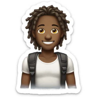 A young African-American male with short, thick dreadlocks and a friendly, confident smile. He has a slim but toned build and radiates a vibrant, approachable energy. sticker
