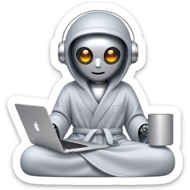Emoji of a remote-working robot in a cozy smooth bathrobe with a laptop. The robot has a sleek helmet-like head with glowing digital eyes. Relaxed yet high-tech vibe. sticker