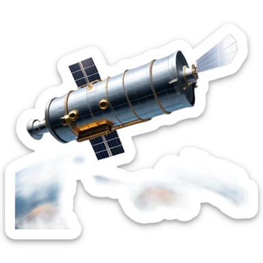 cinematic-realistic-hubble-space-telescope-emoji, an awe-inspiring, ultra-detailed depiction of the Hubble Space Telescope floating in space, its large, reflective metallic surface gleaming against the backdrop of the infinite blackness. The telescope's vast solar panels extend outwards, catching the light from distant stars, while its intricate, cylindrical body showcases advanced, precise engineering. The telescope's large, hexagonal lens is pointed towards the cosmos, surrounded by mechanical components, wires, and sensors. The detailed textures of the telescope’s metallic exterior, the shiny reflective coating, and the intricate grid-like solar panels are sharply contrasted against the void of space, with distant stars and nebulae faintly visible in the background, adding to the sense of scale and te sticker