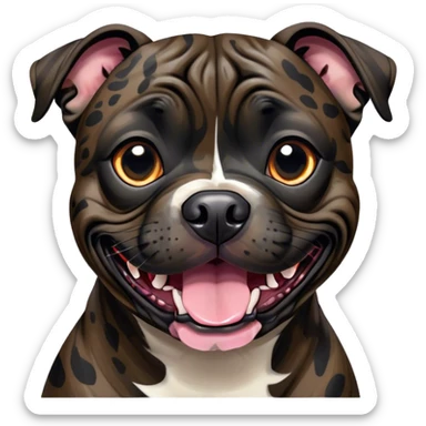 Cinematic Comical Black/Brindle Staffordshire Bull Terrier Portrait Emoji, Head tilted dramatically with an exaggeratedly amused expression, featuring a striking Fur with bold black and brindle patterns, wide, expressive dark eyes filled with playful disbelief, Simplified yet hilariously expressive features, highly detailed, glowing with a slightly sassy glow, high shine, dramatic yet playful, stylized with an air of cheeky mischief, bright and endearing, soft glowing outline, capturing the essence of a spirited and over-the-top guardian, so meme-worthy it feels like it could side-eye its way into internet fame instantly! sticker