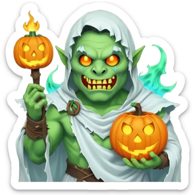 male orc warrior ghost emoji, green skin, tusks, wearing torn white ghost sheet costume, holding glowing jack-o'-lantern, faint blue aura, friendly but spooky expression, Halloween fantasy theme, Apple emoji style, clean white background, square sticker