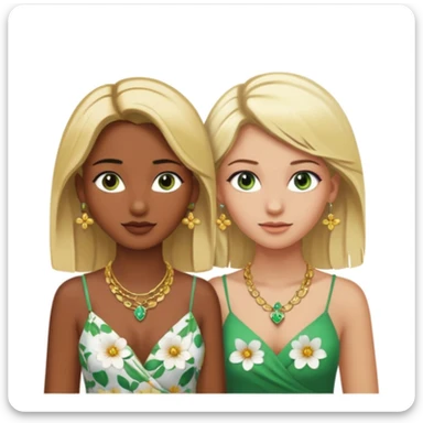 There will be two young women. One with dark brown skin, brown eyes, blonde hair, wearing a lot of necklaces and earrings. The other woman with green eyes, white skin, blonde hair, wearing a necklace and earrings, both wearing flowery dresses. sticker