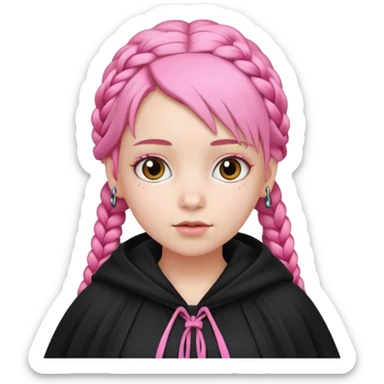 pink braids hair kid girl, white skin, wear black cloak sticker