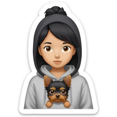 a black-haired asian girl wearing a grey hoodie with a yorkie  sticker
