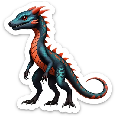 Rare realistic exotic edgy warm-colored dark gothic cool badass epic pretty beautiful handsome gorgeous aesthetic colorful vibrant Vernid-Trico-species-Fakemon-Salandit-hybrid-creature by LiLaiRa, 4 legs, 1 tail, random markings, (full body) sticker