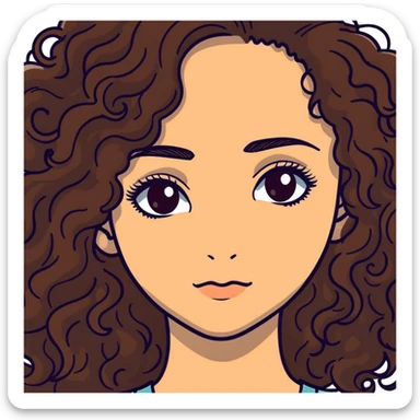 20-year-old woman with long curly brown hair, small hazel eyes, long eyelashes sticker