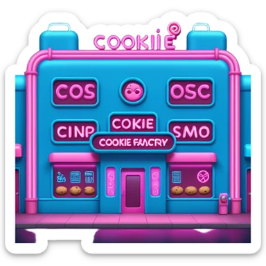 Exterior of a cyberpunk cookie factory, neon lights outlining the building, laser beams scanning the entrance, glowing pipes in electric blue and pink wrapping the facade, emoji-style sticker