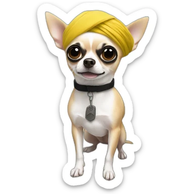 chihuahua on a military tank with a white turban, a black flag on his arm, sticker