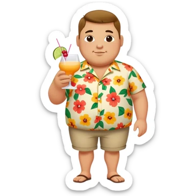 chubby guy full figure in a flowered shirt holding a cocktail sticker