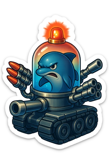 Create an angry-looking dolphin inside a water tank mounted on tank treads. The tank has a shiny metallic look with blue water inside. It is equipped with forward-facing missiles and large guns, and a rotating police light on top. The style is retro sticker with no border, transparent background. sticker