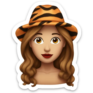 woman with brown long hair and tiger hat, red lips sticker