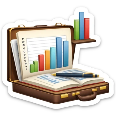 Icon for Business Reading: a prominent open book in the foreground with a briefcase, a laptop and a notepad around it, with a bar graph symbolizing ideas and growth. The icon should represent the knowledge and strategy of business literature. Transparent background. sticker