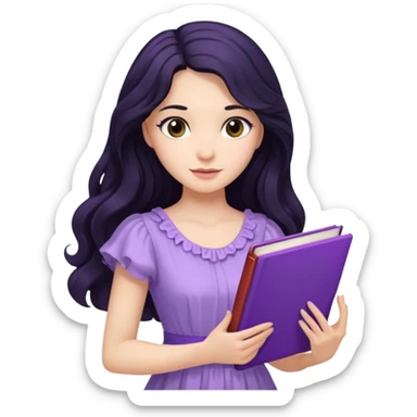 Long Hair Women with purple Book, Black wavy hair, light dress sticker