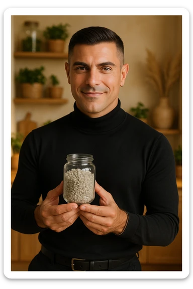 A man in his thirties with a healthy and aware appearance, holding a small glass container with moist gray Celtic salt. He has a proud look and a slight smile, showing the salt as a precious element for health. The background is a natural kitchen or holistic environment with warm natural light, creating a wellness atmosphere. Realistic detail of the salt crystals. Inspired by the face in the reference photo. sticker
