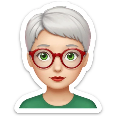 visage femme a lunettes fine ronde rouge avec cheveux courts gris-blancs aux yeux verts sticker