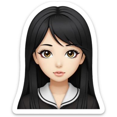 Hime gyaru girl, medium-long, straight black hair, black slanted eyes and thin black eyebrows, gyaru makeup, sticker