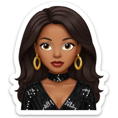 Dawn Robinson from En Vogue with long dark brown hair, black sequin outfit sticker