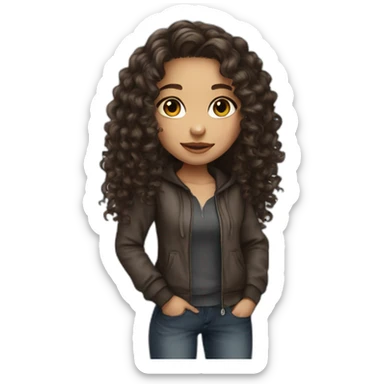 a girl white skin with long dark brown curly hair and skin clear with street wear sticker