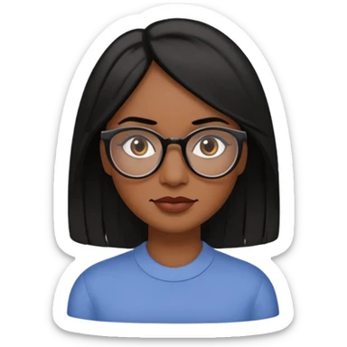 A 30 year woman emoji with medium-dark skin, straight shoulder-length black hair parted to the side, an oval-shaped face, arched dark eyebrows, large brown eyes with glasses, a small nose, and natural-toned lips. sticker
