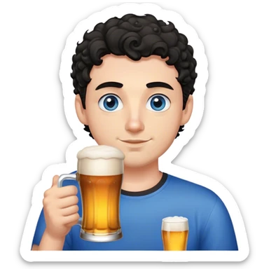 white guy thick eyebrows blue eyes with short curly black hair holding beer sticker