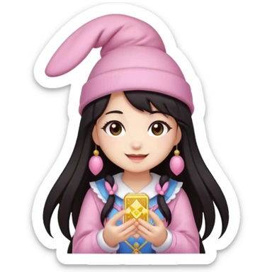 pixel art chibi asian girl with dark long hair in pink bunny hat magical girl with kawaii tarot cards thrown in air pixel emoji sticker