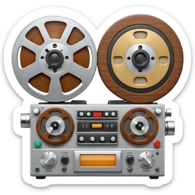 3D render of Reel-to-Reel, vintage 1980s audio equipment aesthetic, tactile analog buttons, silver metallic face with two large brown magnetic tape wheels, mixed wood grain and brushed aluminum textures, Apple emoji style, isolated on white background --v 6.0 sticker