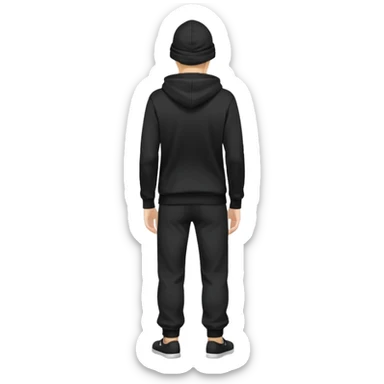 fullbody Mysterious shy caucasian man in black hoodie on head, hands in pockets and black pants rear backview sticker