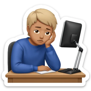 A person wearing a jumper experiencing burnout, exhausted and overwhelmed, tired eyes, slumped posture, sitting at a desk, iOS emoji style sticker