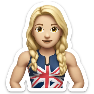 A girl with long blonde hair with wide shoulders wearing a Great Britain rowing swimming suit and has toned muscles and add a necklace that has a sea shell pendant on it. The necklace is around the neck and the pendant is on her chest  sticker
